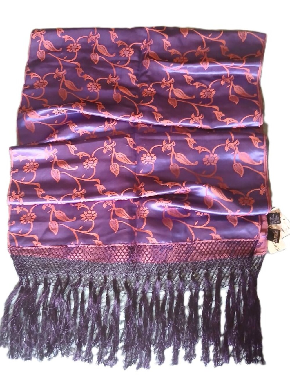 NWT Elana Kattan Linen Silk Blend Brocade Fringed Wrap/Shawl Navy brocade